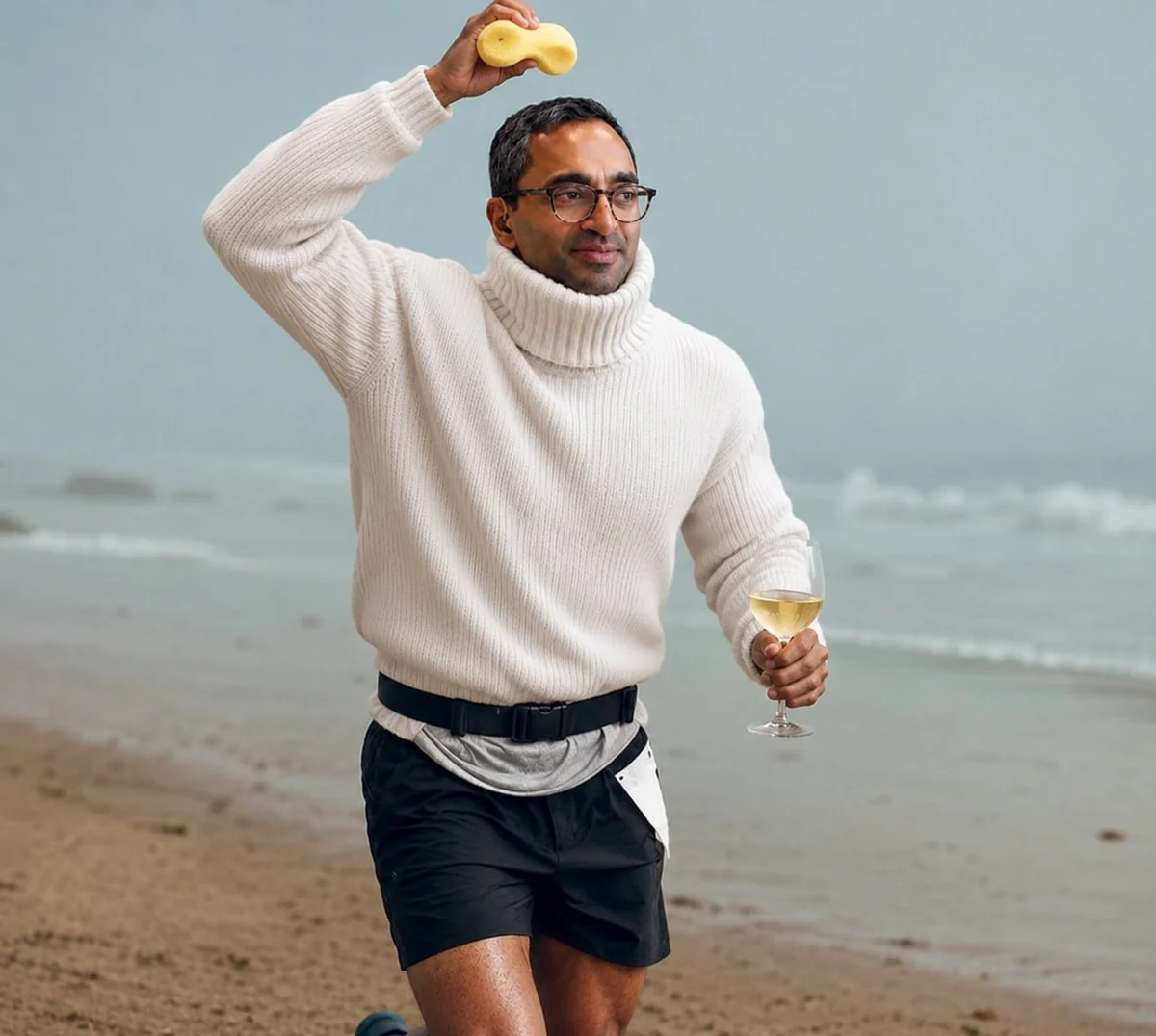 A man on a beach wearing a cream turtleneck, holding a wine glass and a sponge.