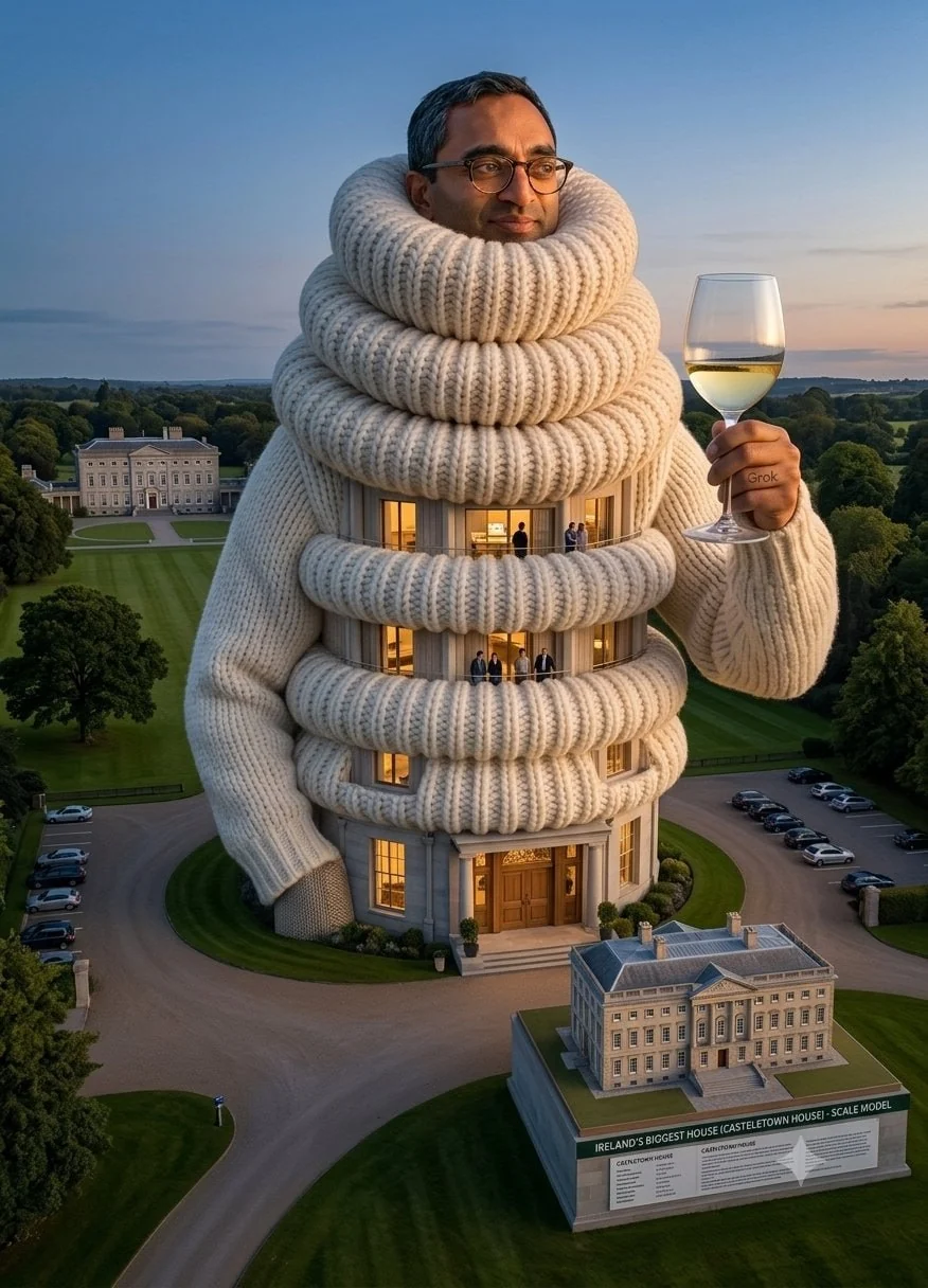 A country estate entirely wrapped in enormous rings of cream knitwear.