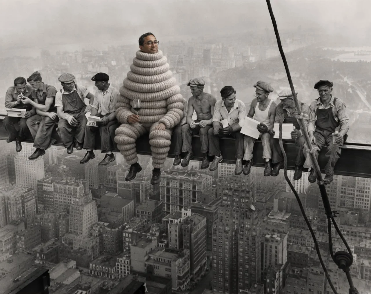 Ironworkers on a girder above a city; one of them is a stack of knitted rings.